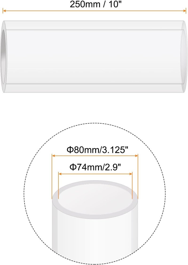 Rebower 10" Clear Plastic Rigid Pipe 74mm ID x 80mm OD (2.9" ID x 3.125" OD) Acrylic Round Polycarbonate Tubing, [for Plumbing, Hydraulics, Aquarium] - Image 2